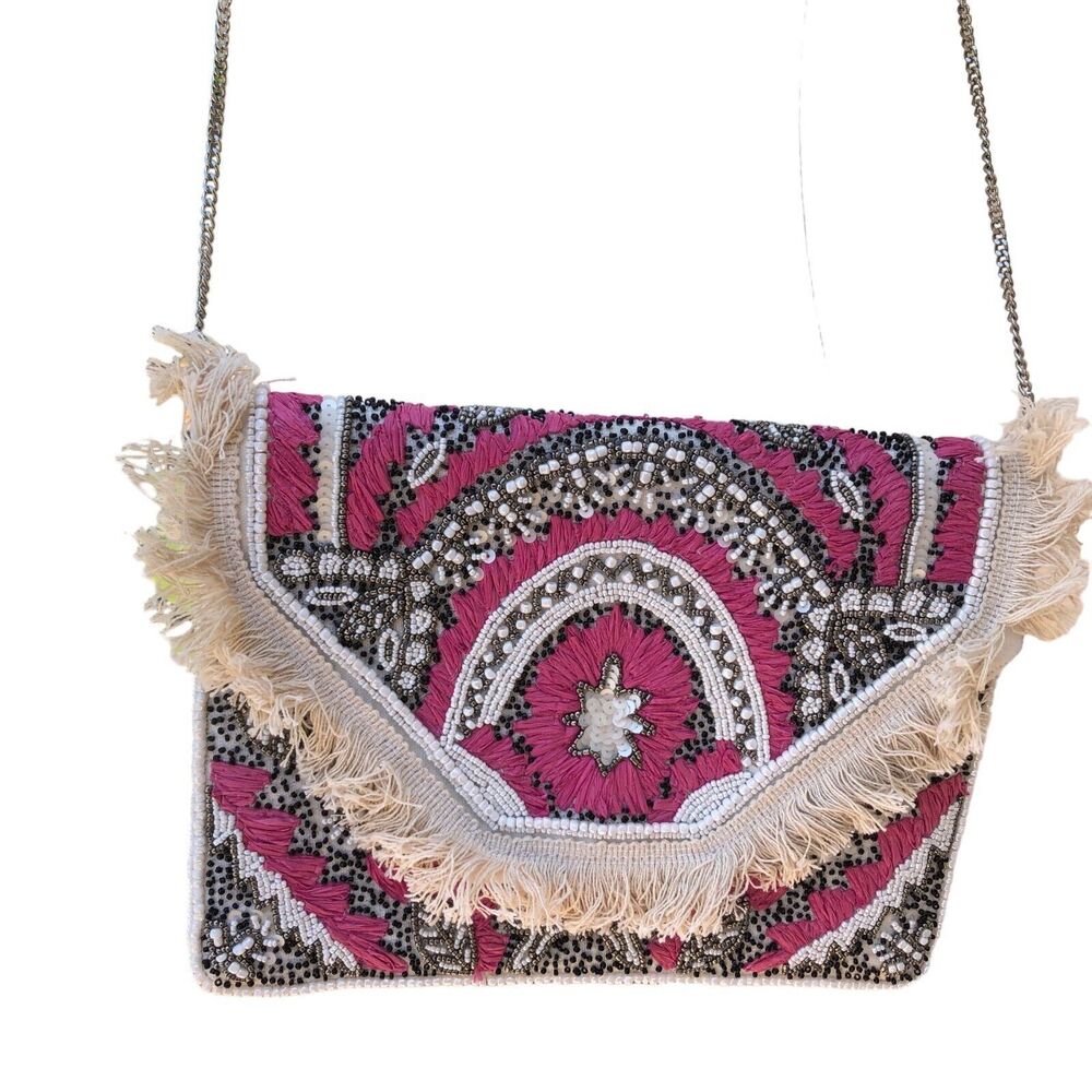 Lobe Love Pink and Cream Boho Embroidered Gypsy Fringe Bead Cross Body Bag - Picture 2 of 9